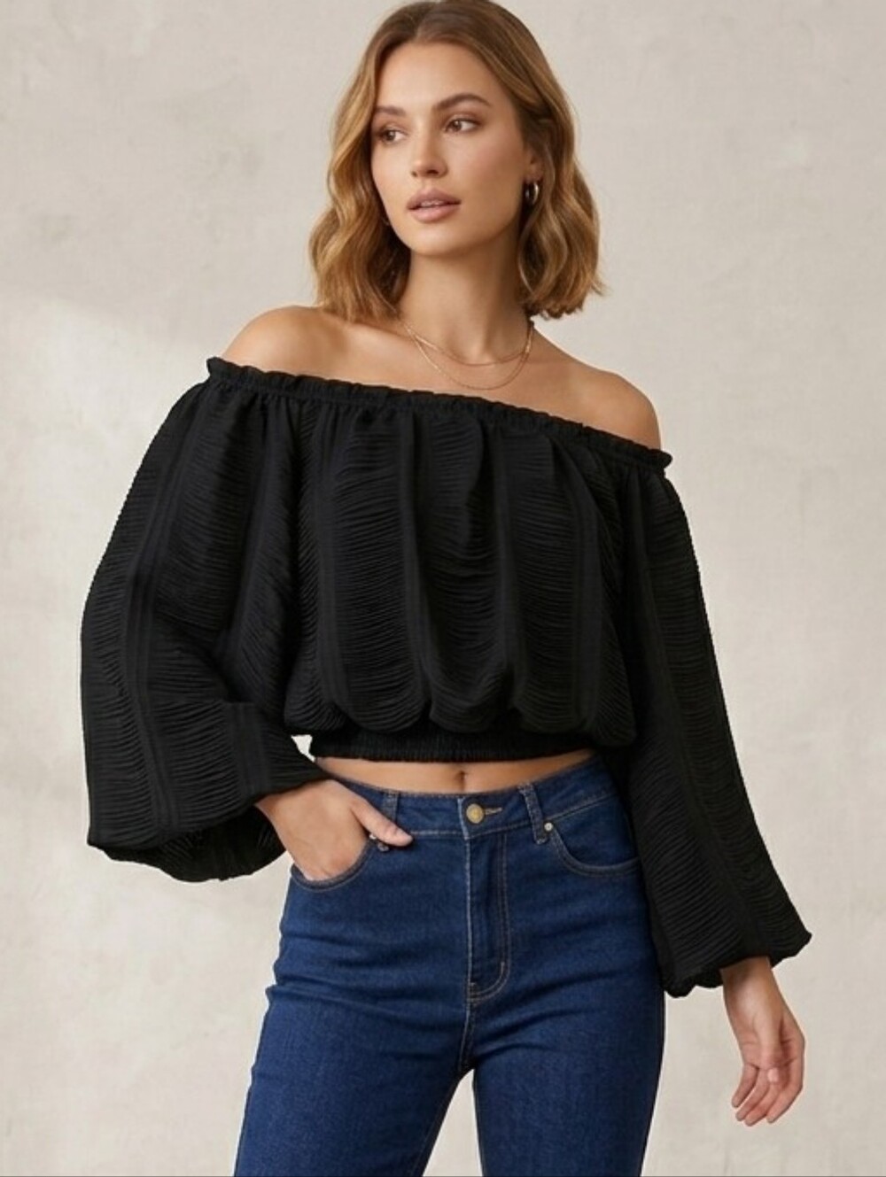 Gracia Sculptural Pleated Bardot Sleeve Bubble Crop Top in Black Size Small